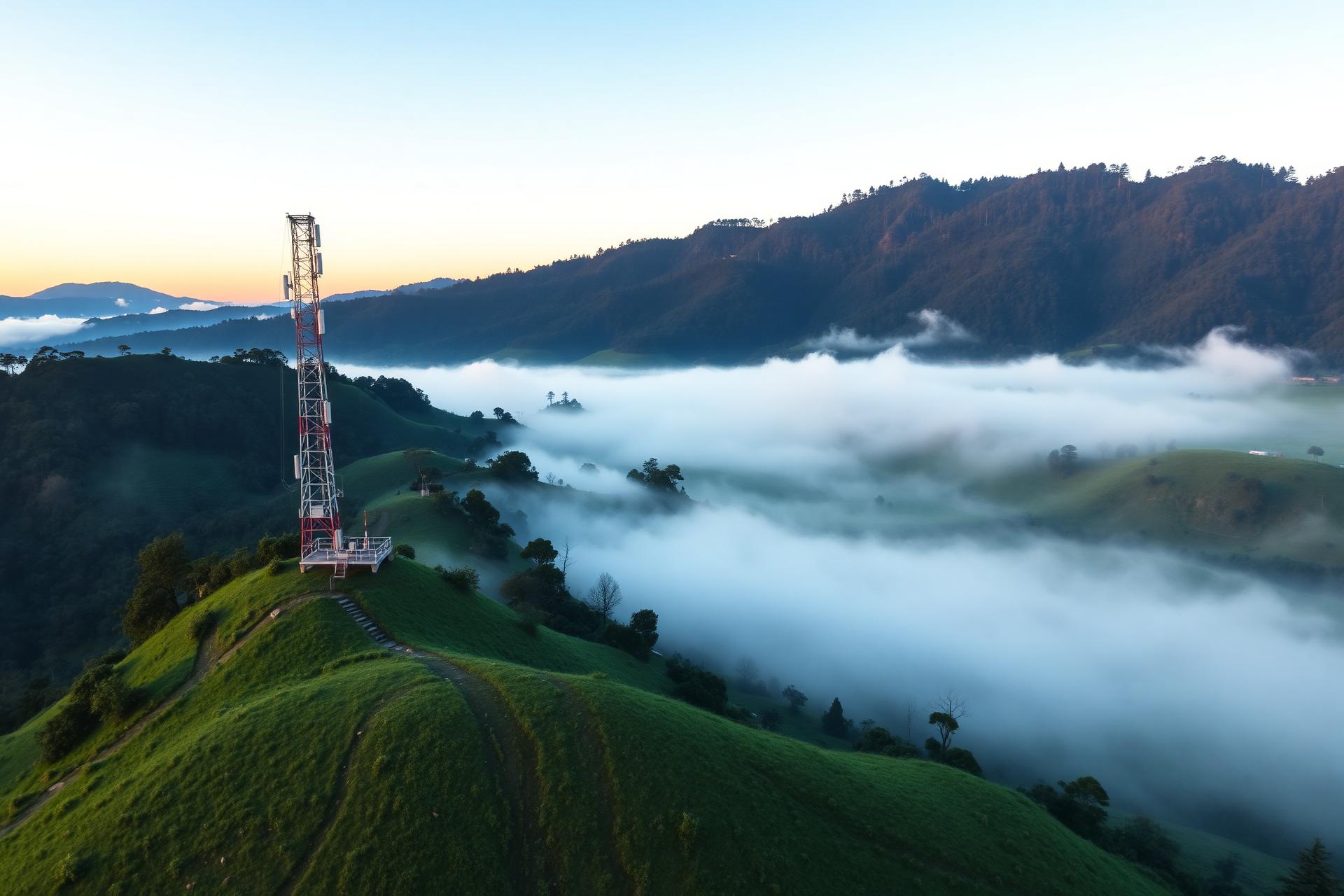 Torre de telecomunicaciones en zona rural de Colombia al amanecer